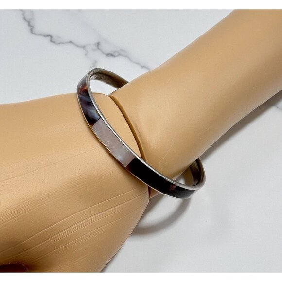 Mother of Pearl Inlay Bracelet Bangle Silver Tone Minimalist Boho - Picture 1 of 7